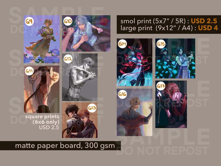 G9 - purple Gorou | G10 - Ayato boba | G11 - zhongli | G12 - thoma shower | G13 - zhongchi | G14 - corrupt albedo | G15 - Xiaoven | G16 - thoma jacket | G16 - masquerade Childe