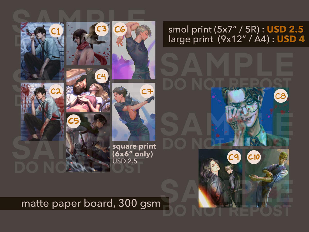 C1 - CSM aki | C2 - CSM aki (bloody) | C3 - AOT mikasa | C4 - AOT yumihisu | C5 - AOT Levi | C6 - YOI Viktor | C7 - YOI yuri // C8 - TR Hanma | C9 - TR Bajifuyu | C10 - TR Kisaki