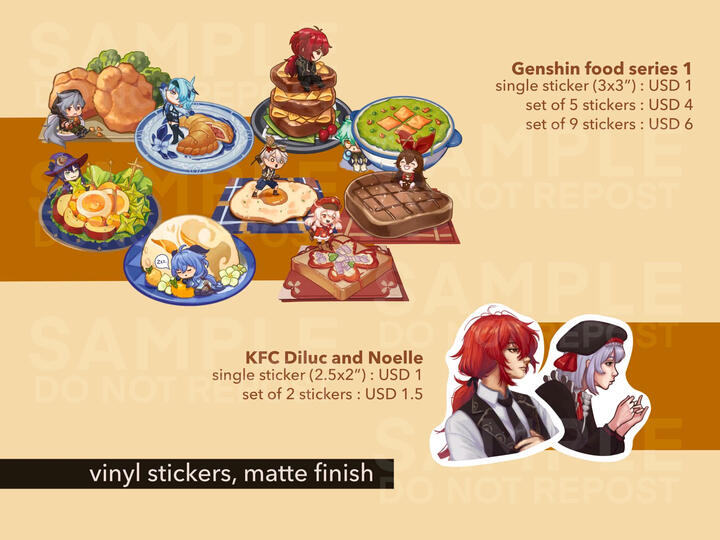 Genshin food series (clockwise from top left): razor, eula, diluc, sucrose, amber, klee, bennet, ganyu, mona